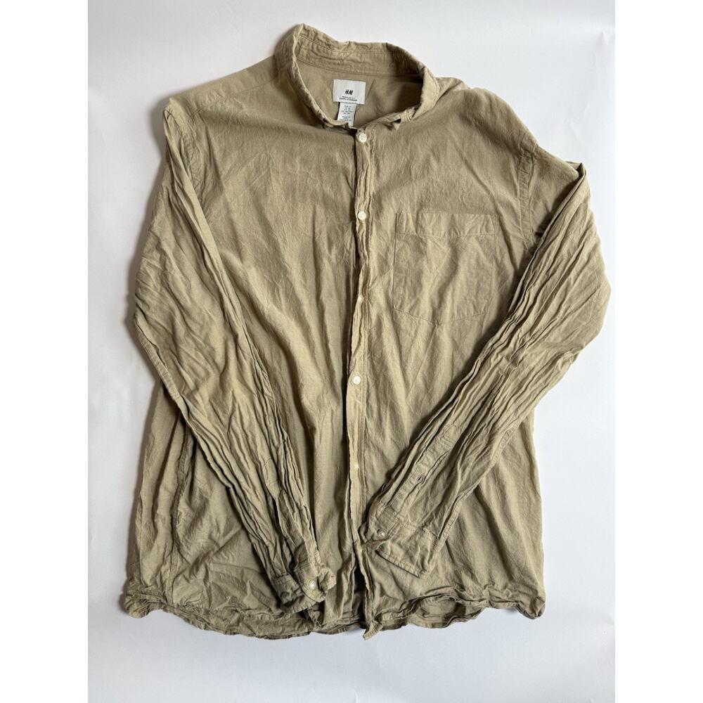 H&M Men's Beige Solid Cotton Woven Button-Up Shirt Long Sleeve Button-Down XL